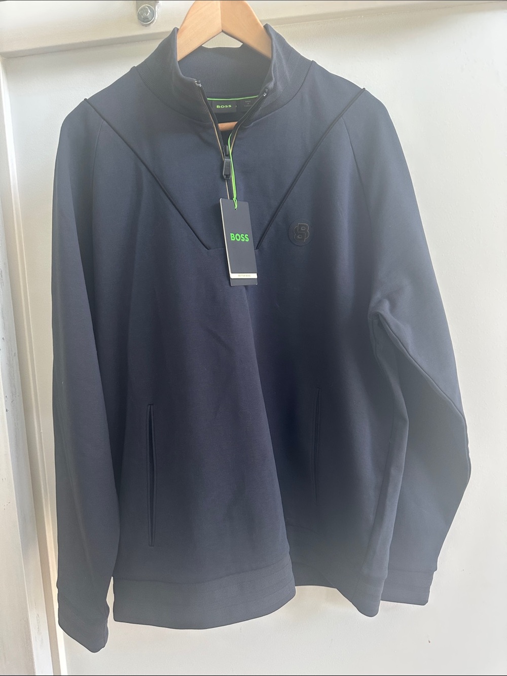 BOSS Men's Navy 1/4 Zip-Up track suit top with gold trim and Double B logo